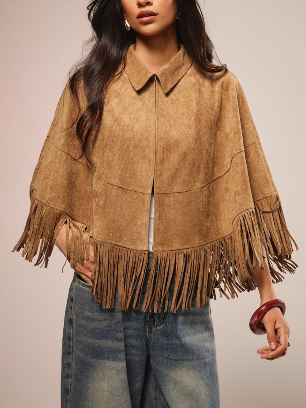 tan Casual Women's Fringe detail Collar cape poncho Top - Picture 8 of 9